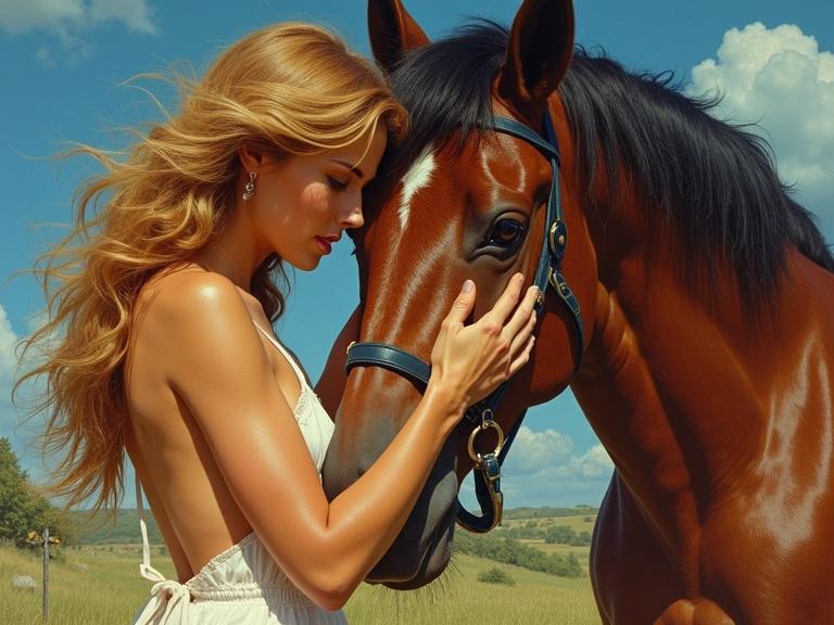 Hot woman touching male horse in a field. Blue sky in background. Expresses beauty and connection between human and animal.