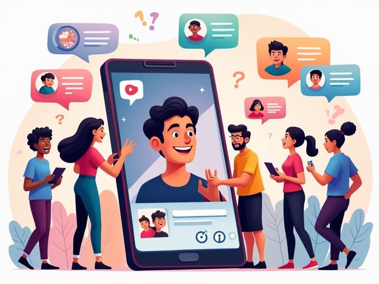 Dynamic colorful digital illustration showing diverse group of learners and educators interacting around smartphone screen. Main creator smiling and responding to comments appearing like speech bubbles. Above phone, icons representing engagement tools: question mark, poll sticker, green screen effect, duet icon. Two creators filming a challenge using hashtag #Science60sChallenge. Checklist titled 'Engagement Checklist' floating with items like 'Ask Questions' and 'Respond to Comments'. Modern playful educational style with bright colors and soft lighting.