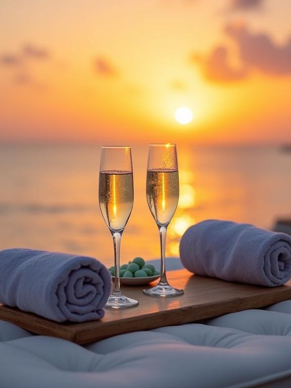 Image shows a romantic seaside scene at sunset with two champagne glasses on a tray. Luxurious rolled towels and a plate of green treats accompany the glasses. Soft white surface under clear ocean and a golden sun setting on the horizon. Warm colors create a serene ambiance.