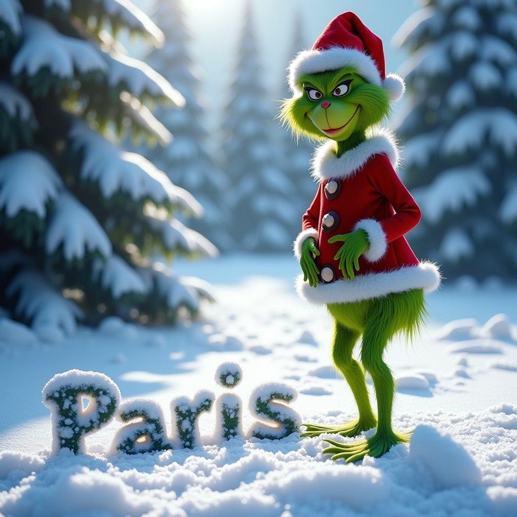 The Grinch stands beside the name 'Paris' written in the snow. He wears a Santa hat and red coat. Snowy trees create a wintry background. Bright sunlight enhances the snowy landscape.