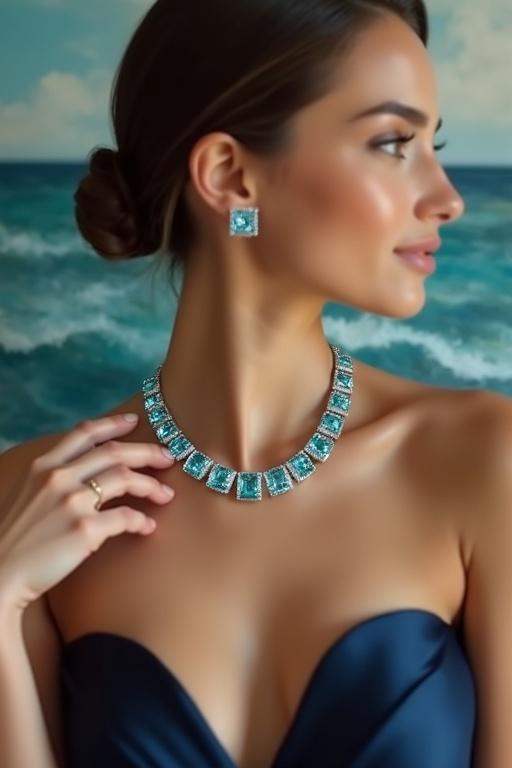 Ultra-high-resolution image of a beautiful female model wearing a dazzling platinum tennis necklace. The necklace features 45 square cushion-cut aquamarines. Model has flawless skin and is styled in a backless silk gown. Hair is styled in a sleek low bun. Dramatic lighting highlights the necklace's brilliance in a blurred art gallery setting.