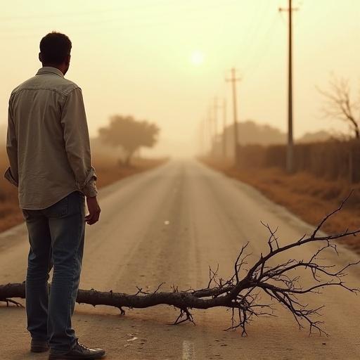 A man stands looking at a dry thorny branch on a dusty road in a rural setting. The branch has sharp thorns. Scene is quiet with warm light from the side during sunrise or sunset. Focus is on the branch; road fades in background.