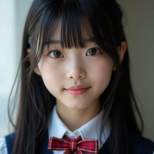 Close-up portrait of a young Japanese idol girl with long straight black hair and blunt bangs. She wears a school uniform featuring a red plaid ribbon and navy vest. The image captures her pure and innocent expression with flawless skin and large round brown eyes. A slight smile is present along with subtle makeup. The studio background is blurred. The image is ultra-realistic in a photo style.