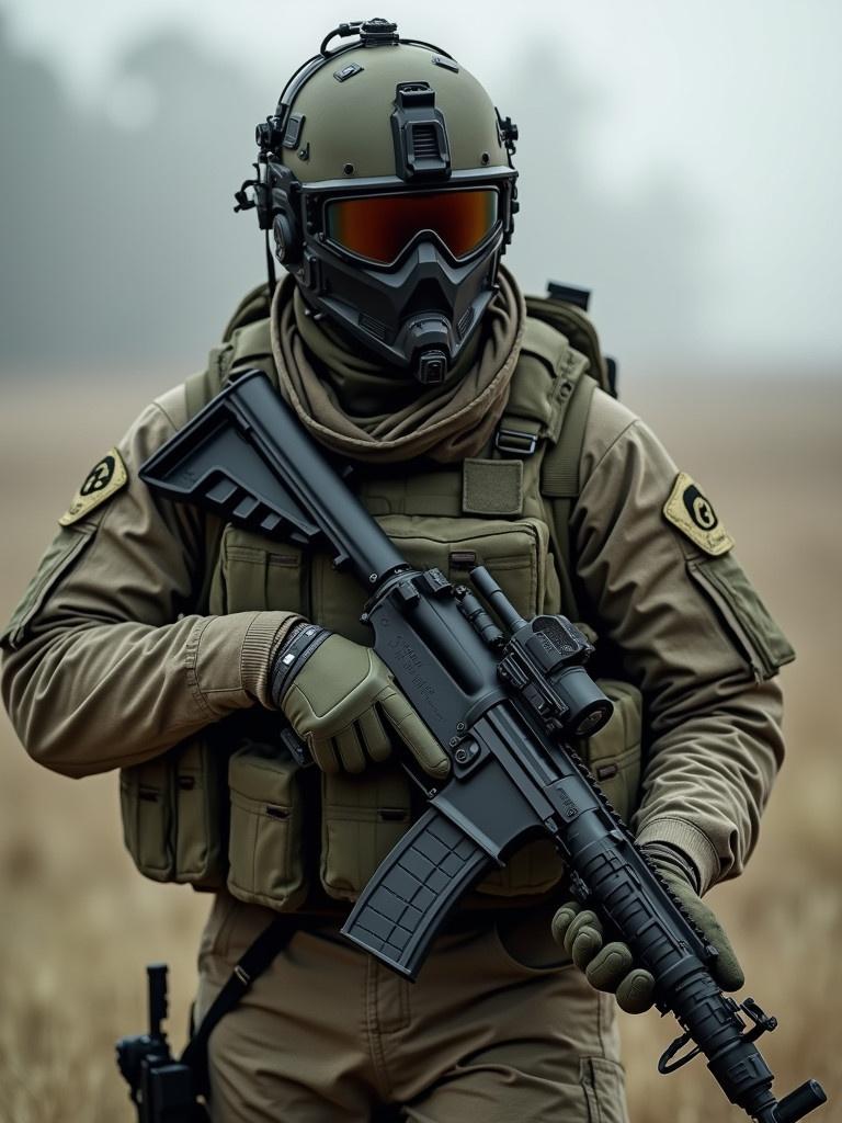 Modern airborne infantry soldier stands confidently in tactical gear. Equipped with an assault rifle. The ambiance is foggy and forested, creating a sense of realism. Soldier wears protective helmet and visor. The posture reflects readiness and focus.