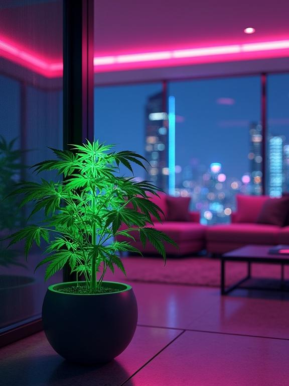 Luxurious cyberpunk interior with neon lights. Ceramic pot contains glowing cannabis plant. Futuristic cityscape visible through large windows. Designed for portrait orientation. Ultra-realistic and cinematic lighting.