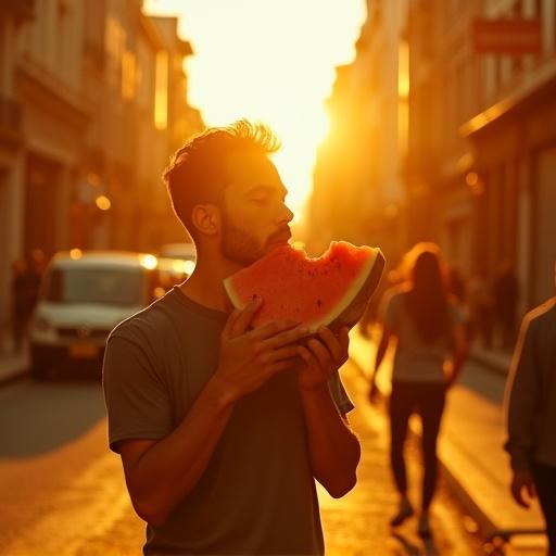 Cinematic image of man eating watermelon during golden hour. Warm backlighting creates long shadows on urban street. Golds and amber dominate color palette. Shot from low angle for heroic perspective. Style is cinematic realism with depth of field and composition.