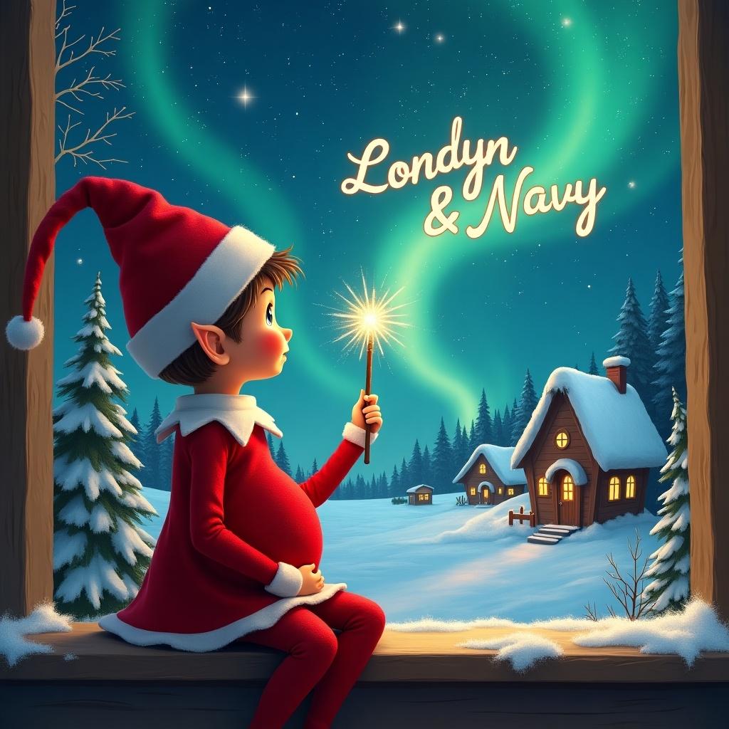 An elf sits on a wooden ledge, gazing at a magical sky. Dressed in a red outfit with a pointed hat and a skirt. The elf holds a sparkling wand and writes 'Londyn & Navy' in the starry sky. The scene features a snowy landscape, charming houses, and evergreen trees under Northern Lights. The elf adds 'Natasha' and 'Ada' in the sky, capturing the essence of childhood magic and Christmas cheer.