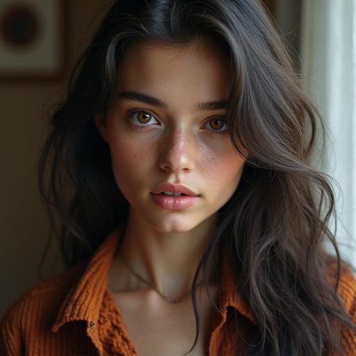 A portrait of a young adult wearing an orange shirt with soft natural lighting. The image focuses on the model's hair and shoulders. The overall vibe is cozy and casual.