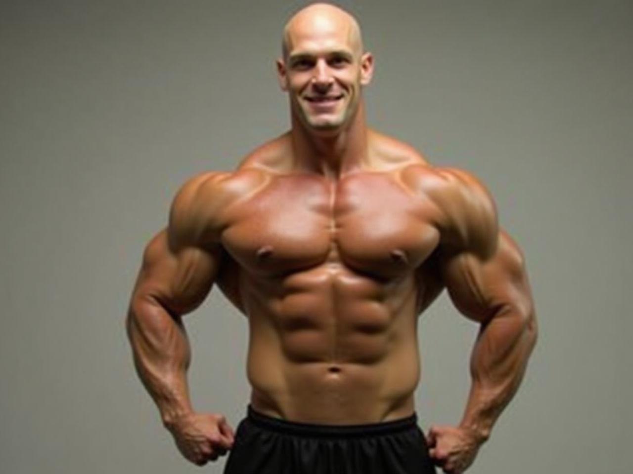 The image shows a muscular man standing confidently. He has a bald head and a well-defined physique, showcasing strong arms and chest. The background appears to be a simple studio setting with soft lighting. The man is wearing only black shorts, emphasizing his muscular build. He seems to be posing for a photograph.