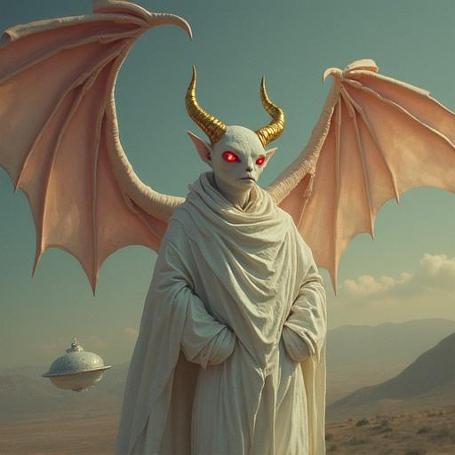 A white devil with wings and golden horns, dressed in garment, features shiny red eyes and spawns a saucer-shaped UFO in a surreal landscape.