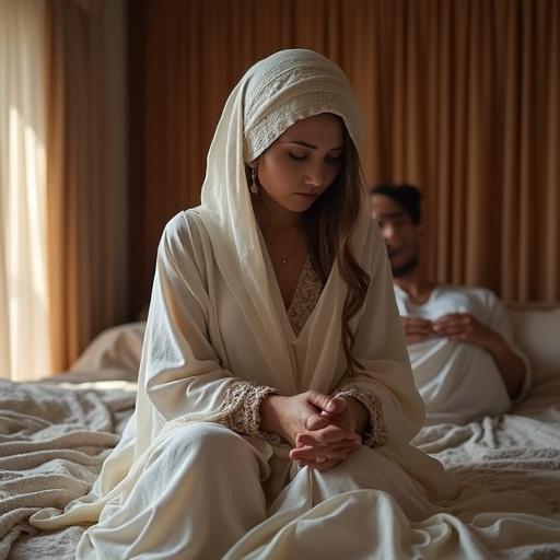 A Pakistani woman sitting in a luxury bedroom wearing shalwar qameez and dopatta. She is praying and expressing sadness. Her husband is relaxing in the background.