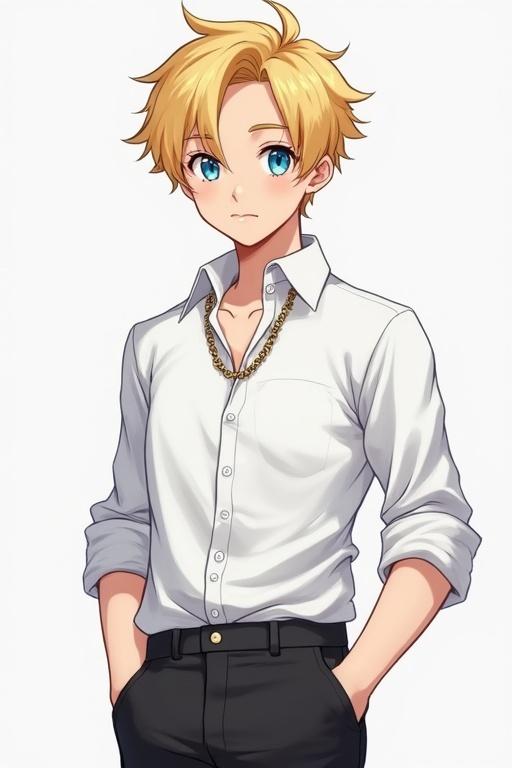 Masculine cute university boy with blonde hair blue eyes small chain around neck wearing white shirt with sleeves rolled and black pants standing full body in manhwa style