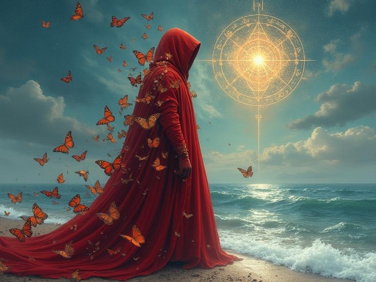 A cloaked figure in red stands by the shore covered in butterflies. The sky features a celestial design. The scene conveys mystery and spirituality.