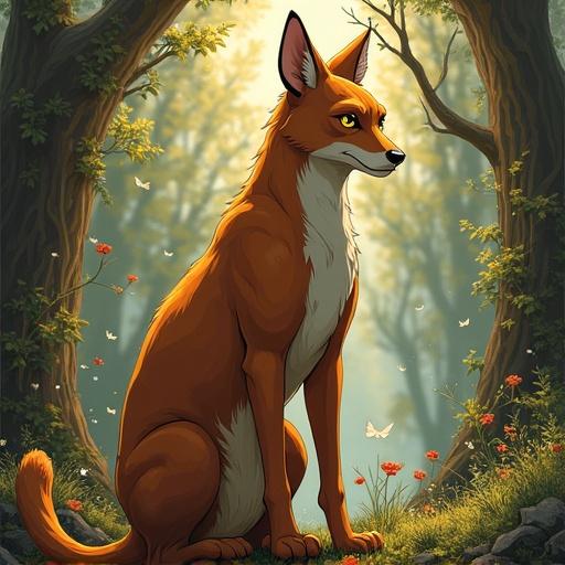 A fox character in anime style sits peacefully in a forest. Light filters through trees creating an enchanting atmosphere. Flowers decorate the ground around the character.