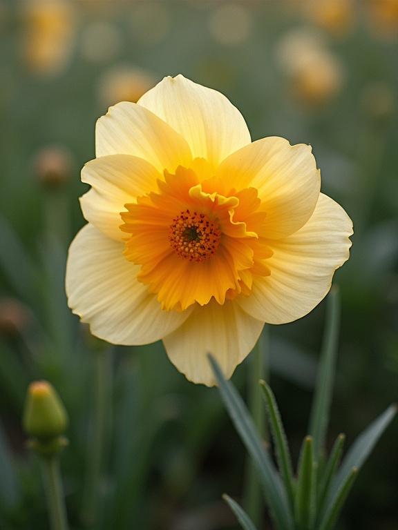 A single daffodil flower blooms in soft natural light. The petals are cream with a vibrant yellow center. Green leaves surround the flower. Soft focus background enhances the subject.