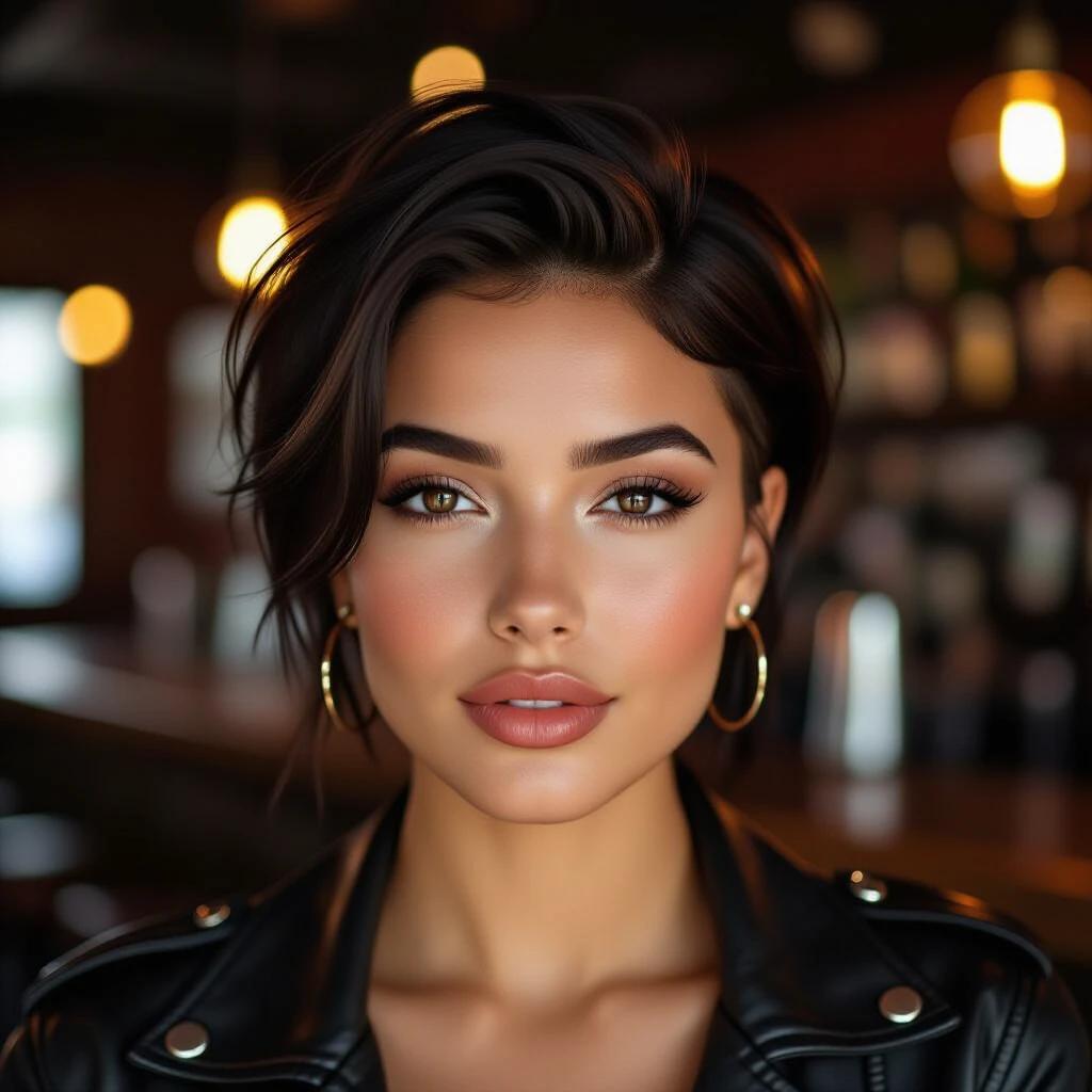 Young woman in a bar wearing a black leather jacket. She has brown eyes and black hair styled in a fade haircut. She accessorizes with hoop earrings. The setting has a cozy ambiance with warm lighting.