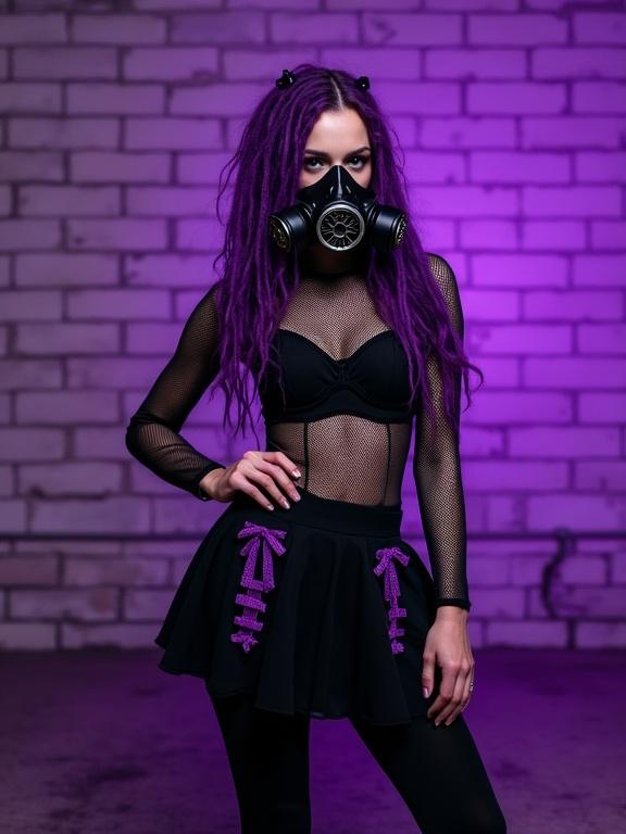 Young woman with purple dreadlocks wearing a black gas mask. Black fishnet top with long sleeves black skirt with purple ribbons and black leggings. Serious expression standing with one hand on her hip. Urban setting with a violet-purple brick wall. Dramatic lighting with strong shadows. Emo or goth-inspired style. Centered composition from above the waist.