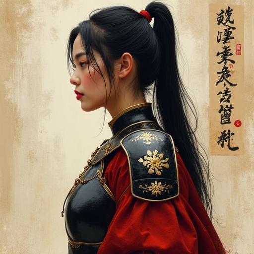 Portrait of a young Asian woman in battle armor. Hair is shoulder-length tied in a loose ponytail. Soft yet determined expression. Wears black energy armor with large red and gold-trimmed shoulder pads. The breastplate features gold accents. Background is a textured cream wall with vertical Japanese calligraphy. Style is digital painting with visible brush strokes and a soft aesthetic.