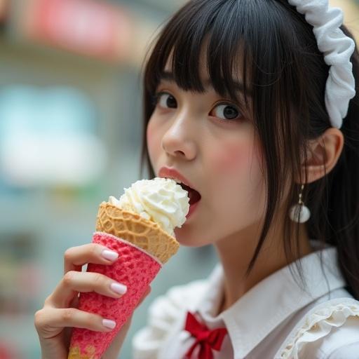 Close-up shot features a girl wearing a maid costume enjoying ice cream. Focus on the girl's facial expression and the ice cream cone she is holding. Soft backgrounds with vibrant colors.