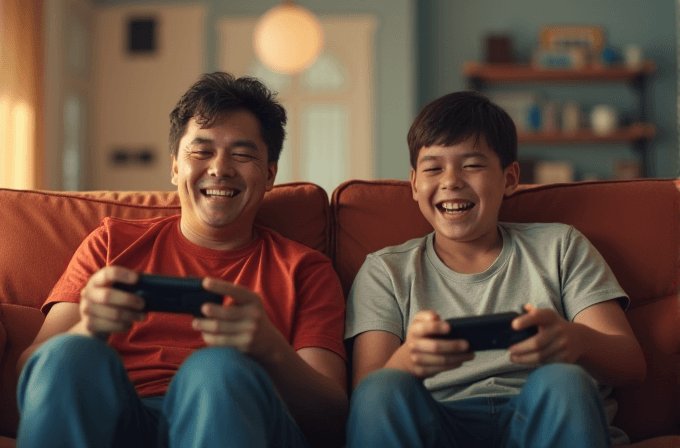 Two people are sitting on an orange couch, happily playing video games together.