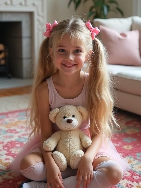A young girl with long blonde hair in twin tails wearing pink bows. She sits on a colorful rug in a cozy living room. The girl hugs a teddy bear and wears a crop top and a light pink skirt alongside thigh-high socks and black shoes. The atmosphere is soft and inviting with pale colors.