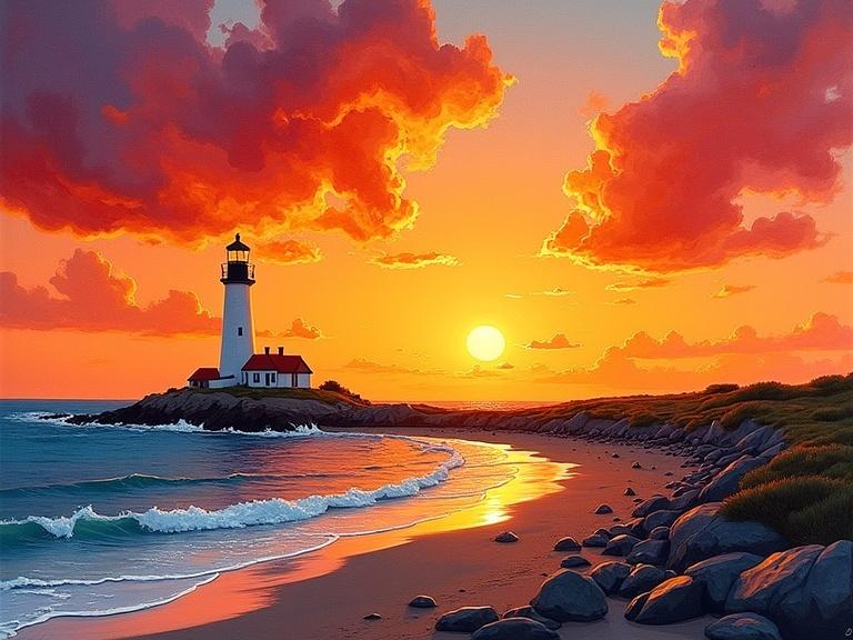 Vibrant alcohol ink painting of a lighthouse on a peninsula at sunset. Features warm orange, red, and yellow hues with an ocean shoreline.