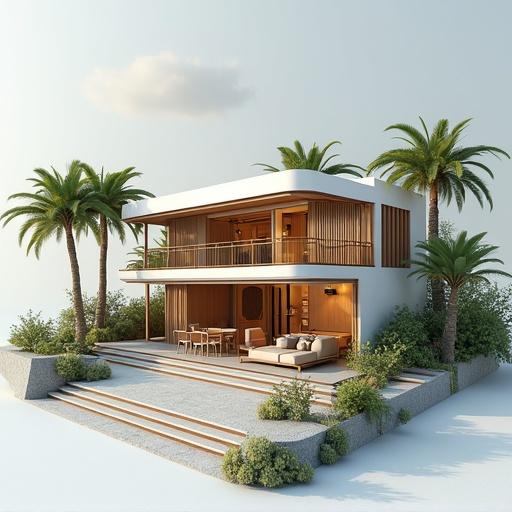 Modern house with spacious terrace and palm trees. Bright sunny atmosphere gives a vibrant feel. Features contemporary architecture and elegant outdoor living space.