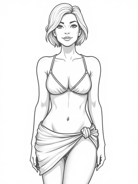 Vector illustration of a mature woman with short hair wearing a bikini and sarong. The figure is curvy and has wide hips with toned abs and thick thighs. The artwork has an outline style and is presented in black and white. Close-up view provides a detailed look at the figure.