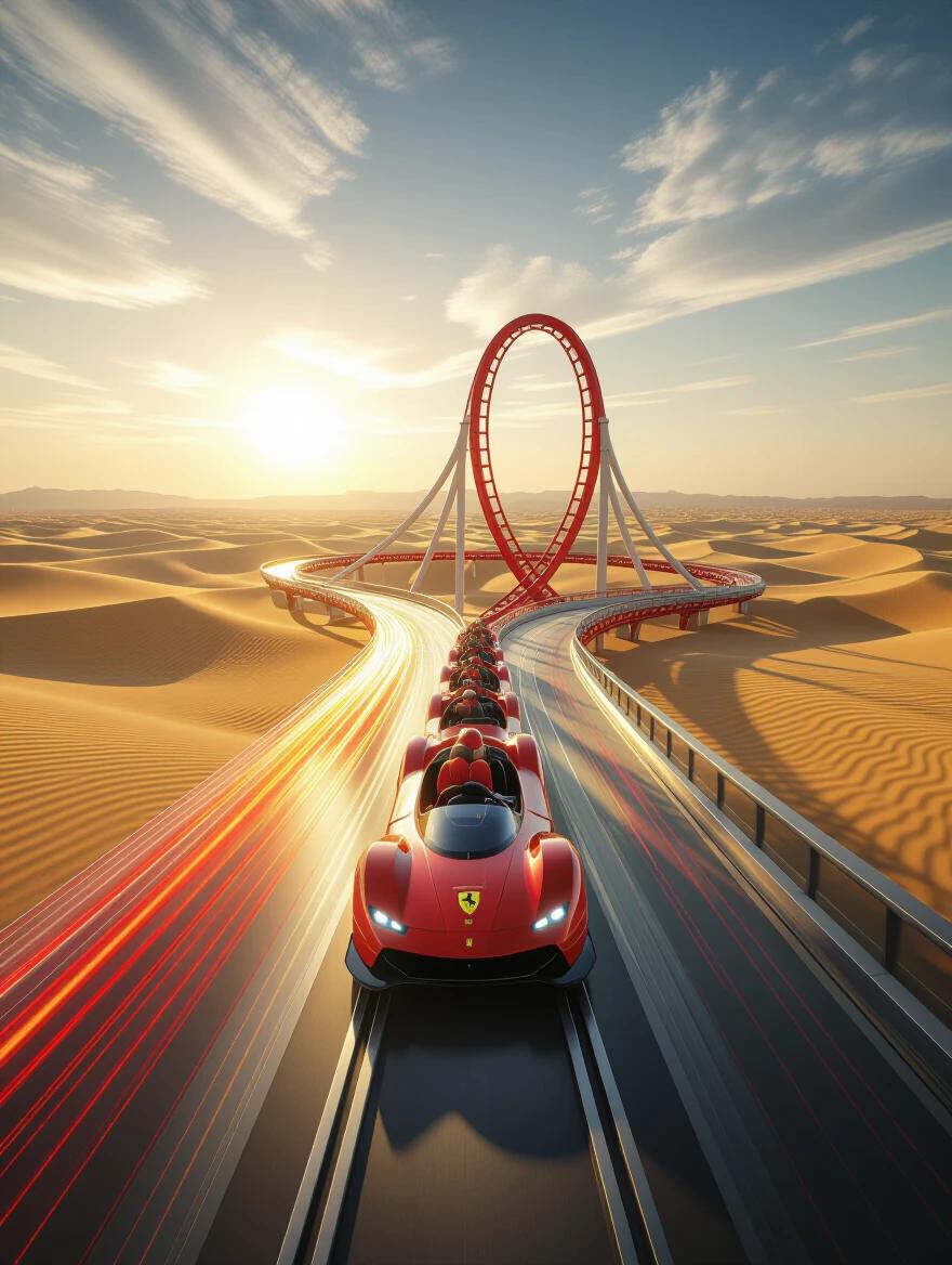 Panoramic cinematic design with a focus on a grand roller coaster track. The track curves through golden desert sands under a sunset. Light trails follow the path of the coaster. Elements incorporate Ferrari's Italian heritage.