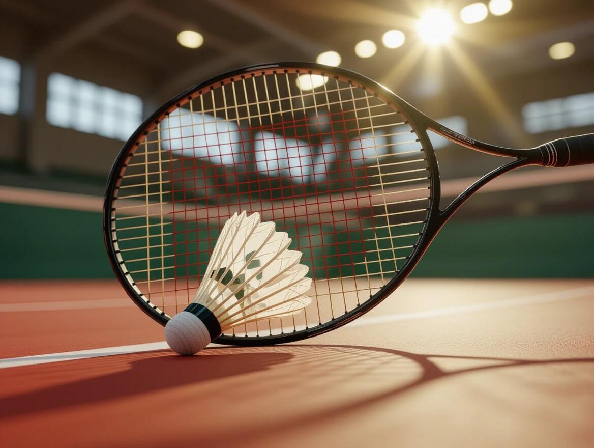 Dramatic cinematic close-up of a badminton racket with a shuttlecock. Angled view from low and slightly tilted perspective. Shuttlecock resting diagonally on the racket strings. Dramatic lighting with soft shadows and subtle reflections. High detail on feathers grip and string texture. Blurred indoor court background with visible floor lines. Photorealistic 8k sports studio style. Atmospheric depth deep shallow depth of field sharp focus on shuttlecock and racket head. Intense clean composition.