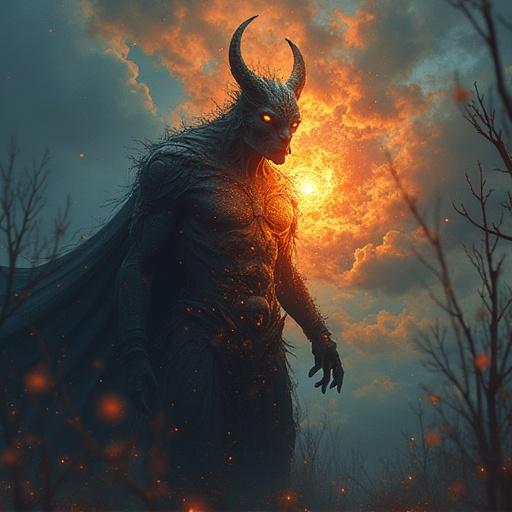 Illustration of a humanoid figure that embodies a dark, mythical creature. The figure is muscular with horns and stands against a dramatic sky. Imagery evokes a fantasy world with horror elements.