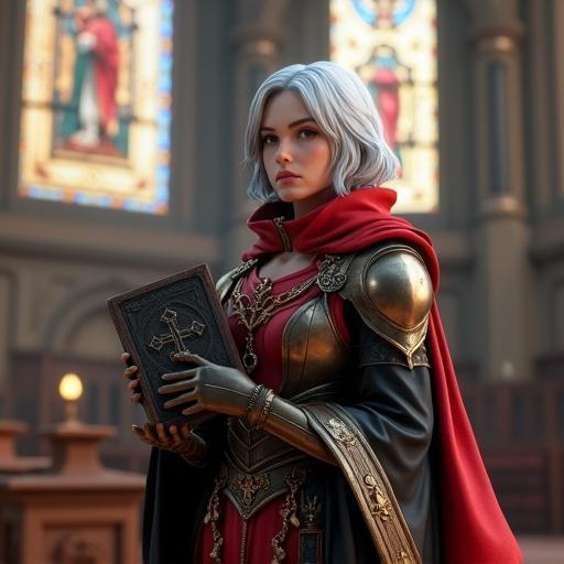 High-quality fantasy 3D rendering of a valiant female figure in a medieval-style cathedral. She has short silver-gray hair and wears a rich red and black armor with golden accents. Holding a large ancient black book with a cross. Background features tall stained-glass windows casting colorful light. Atmosphere of reverence and fantasy.