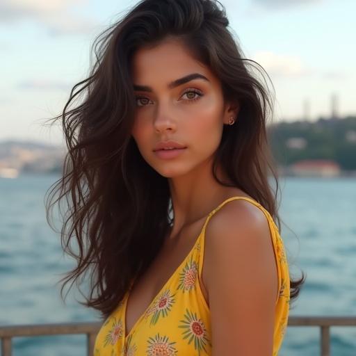 Ultra realistic digital painting of a young woman with dark brown hair in loose curls. She wears a yellow sundress with floral patterns. She has a direct eye contact and soft confidence. The background features the Istanbul Bosphorus. The lighting is diffused daylight with a mild glow. The image displays high detail in facial features and hair strands. The painting has a fashion editorial style and dynamic composition. The brush stroke texture adds a slight painterly feel.