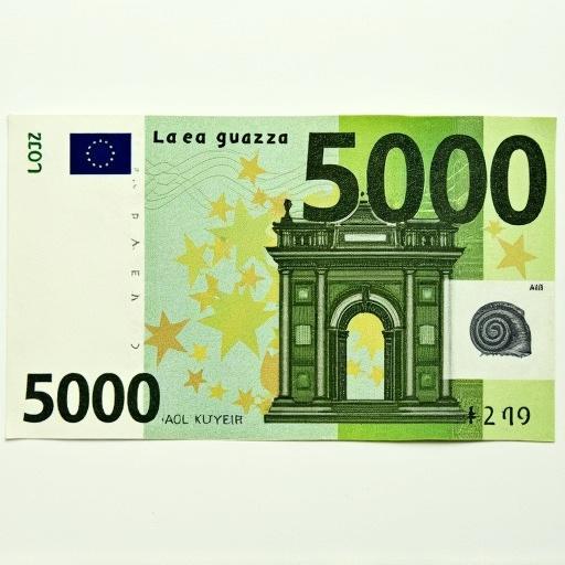 Banknote from €5,000. Green color banknote design featuring Lae Guazza with 2005 date and a snail icon. Appears bright and vibrant Envelops modern currency aesthetics.