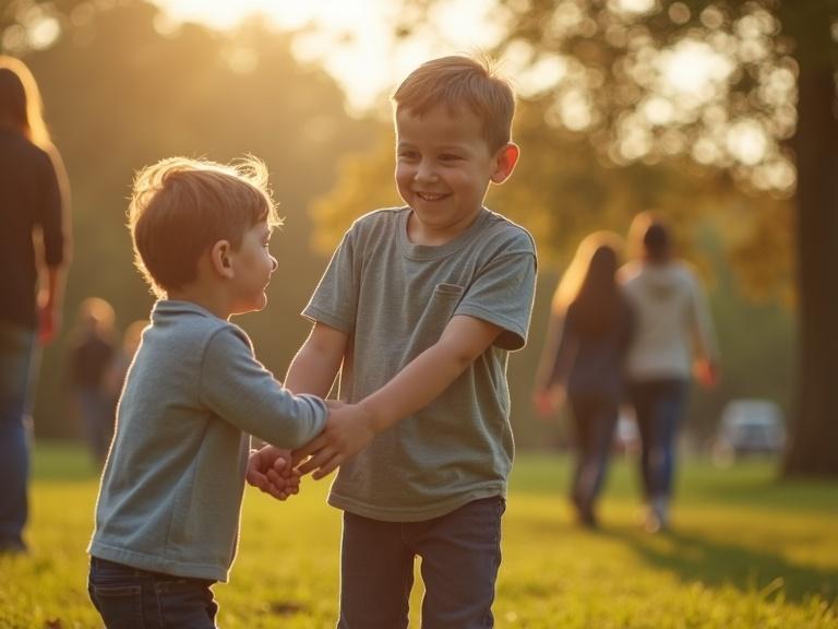 Scene with two children playing joyfully in a park during late afternoon. Children are smiling and holding hands while the background shows other parents and children. Soft sunlight creates a warm atmosphere.
