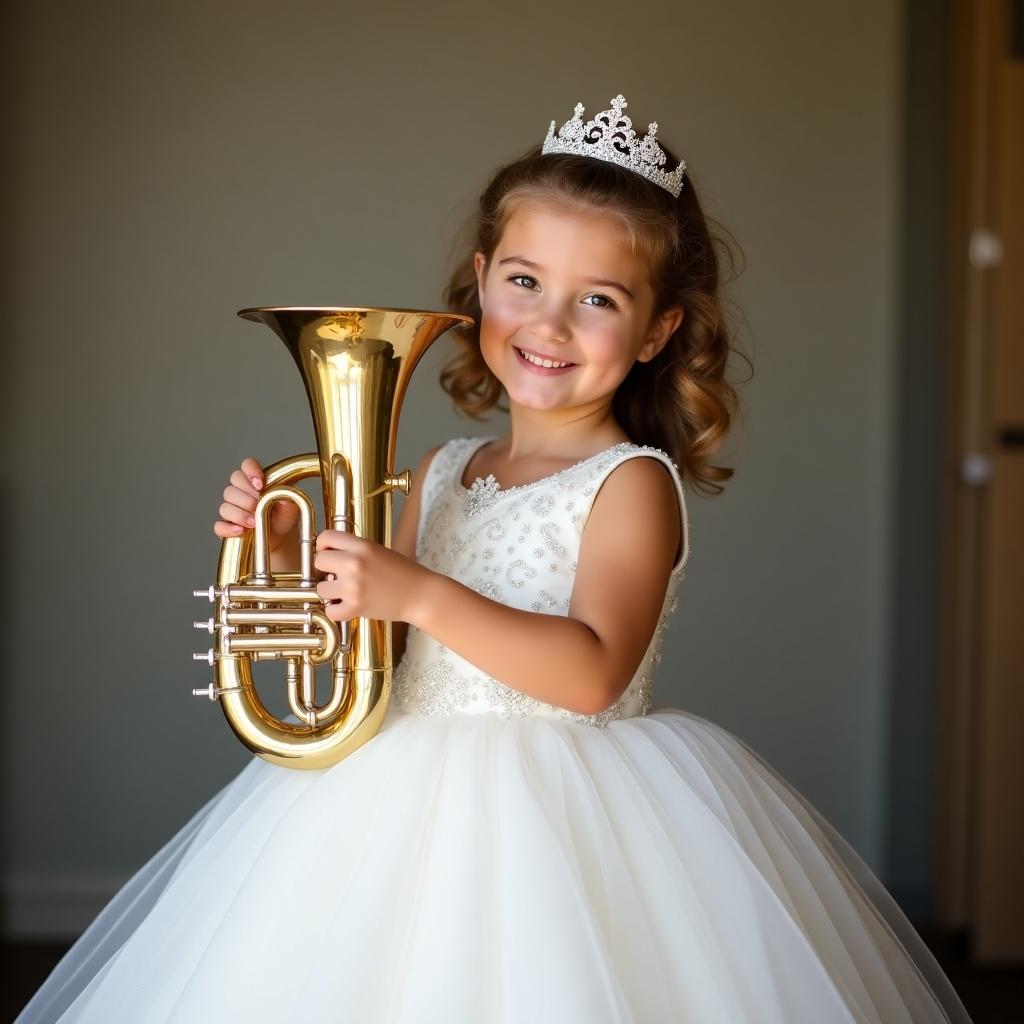 Three year old in a white princess gown holds a sousaphone. She smiles radiantly. Background softly blurred. Playful and cheerful mood.