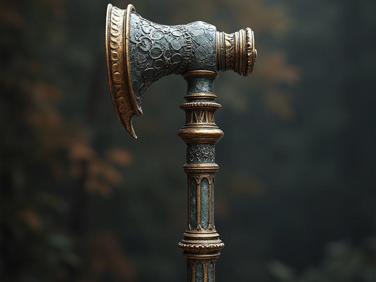 Ornate lead-filled mace designed for fantasy environments. Features intricate detailing. Reflects themes of nostalgia and escapism. Set against a blurred natural background.