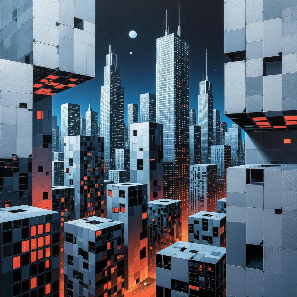 Night scene of a dystopian city filled with grey cardboard buildings. Towers exhibit brutalist architecture with geometric designs. Skyscrapers feature silver windows and glass panels. The street lights glow warmly among the cold textures. The entire scene reflects a cyberpunk aesthetic with rich details.