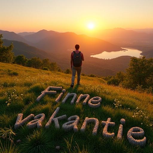 Person standing on a mountain peak at sunset. Overlooking a peaceful valley with rolling green hills and lakes. Words 'Fijne vakantie' mowed in grass below decorated with stones and flowers. Warm golden light illuminating the scene. Casual hiker blends into serene atmosphere. Hyperrealistic landscape photography.