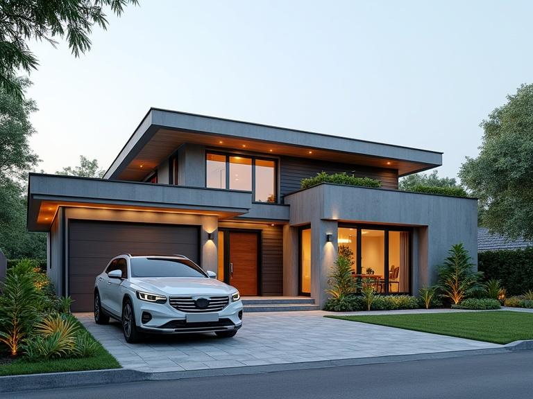 Modern exterior villa design showcases a contemporary bungalow in a landscaped setting with a parked car. The structure features large windows and clean lines, surrounded by greenery.