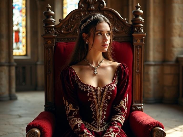 Beautiful princess with noble features sits on a richly decorated throne. She wears a burgundy velvet gown with golden embroidery and pearls. Elegant headpiece on brown hair. Throne is made of carved wood with gold leaf. Room is lit by sunlight through stained glass windows. Stone columns and tapestries set the atmosphere.
