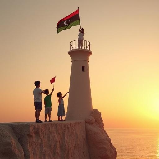 At sunrise, a little boy in white clothes waves the Libyan flag atop a lighthouse. Below, other children hold different country flags and look up.