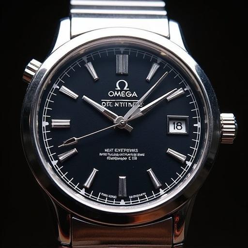 Close-up image of an Omega Constellation watch dial showcasing shine and details. Features a black face, silver hands, and date function.