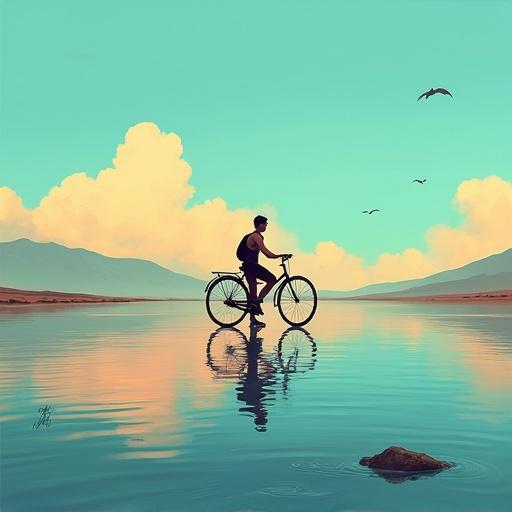 Surreal digital illustration from a low angle. Desolate landscape with a person on a bicycle in shallow water. Distant mountains in blue and orange hues. Few birds in the sky. Person wearing minimal clothing. Emphasis on solitude and vastness.