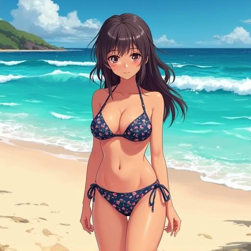 A girl in a bikini standing by the beach. Anime style with a cinematic feel.