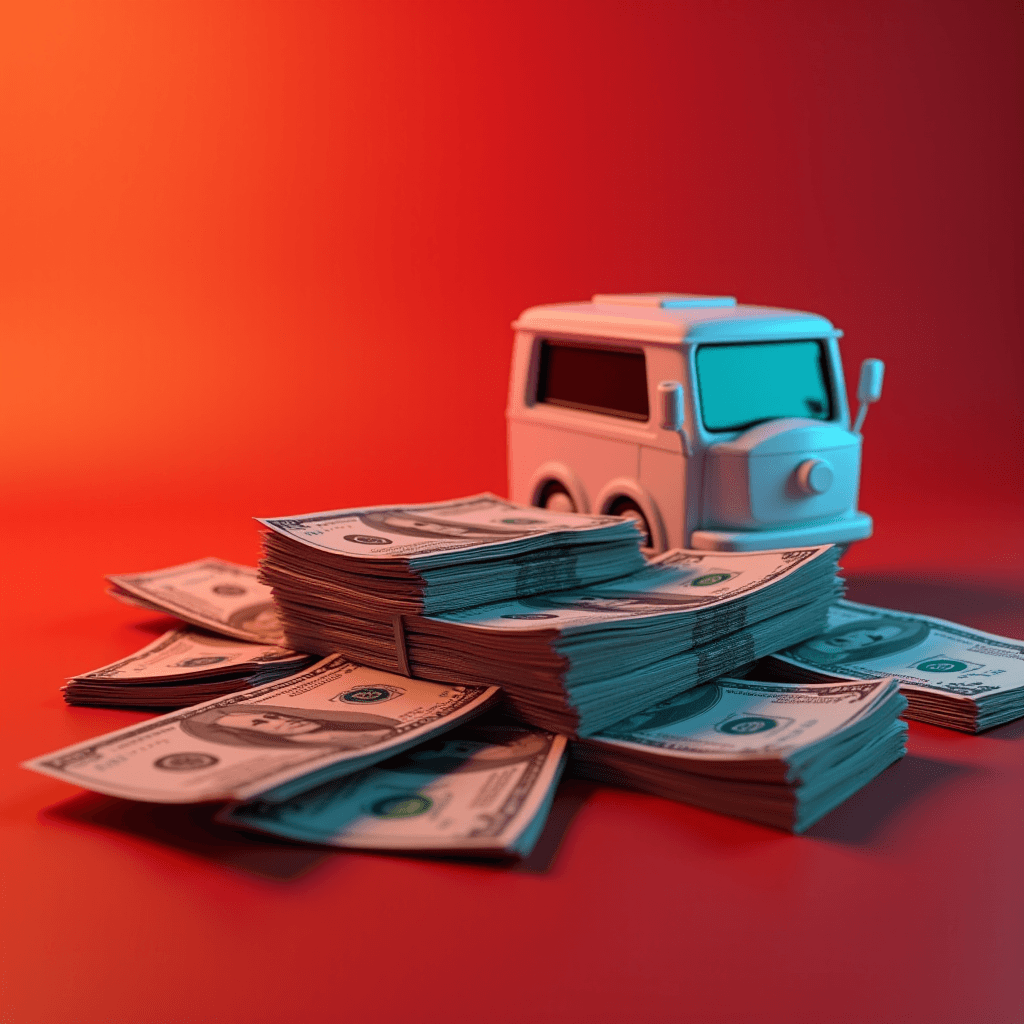 A playful scene with stacks of cash next to a toy-like blue truck on a vibrant orange background.