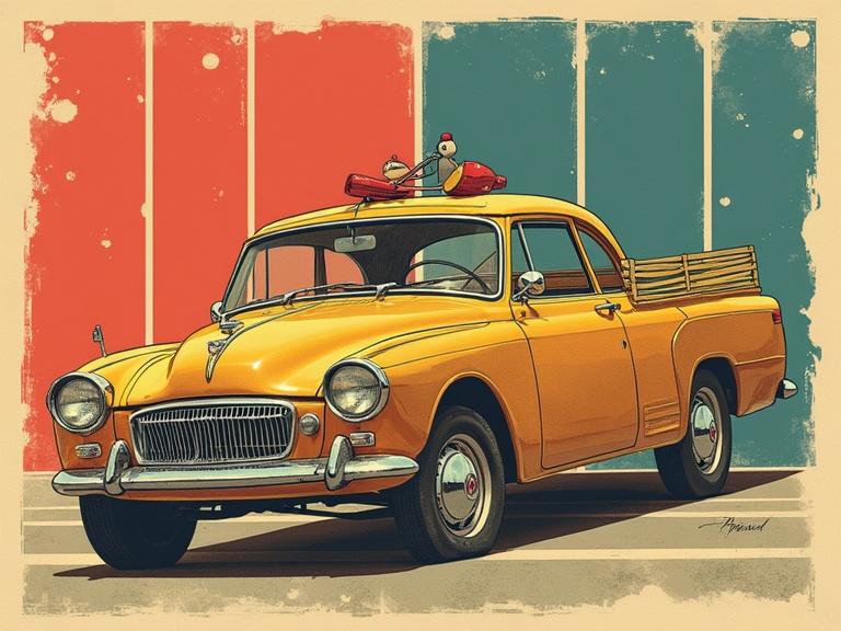 60s advertising poster art featuring a vintage yellow pickup truck with eye-catching colors and playful details.