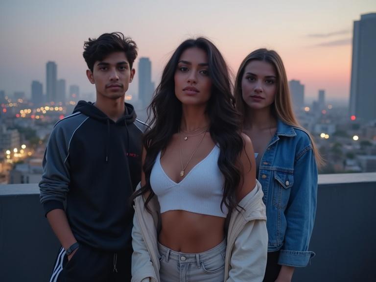 Scene set at twilight on a rooftop with city skyline in the background. A fashionable woman poses confidently with her friends. They display modern youth culture. The atmosphere has glowing city lights and subtle haze. Style is urban realism with vibrant tones.