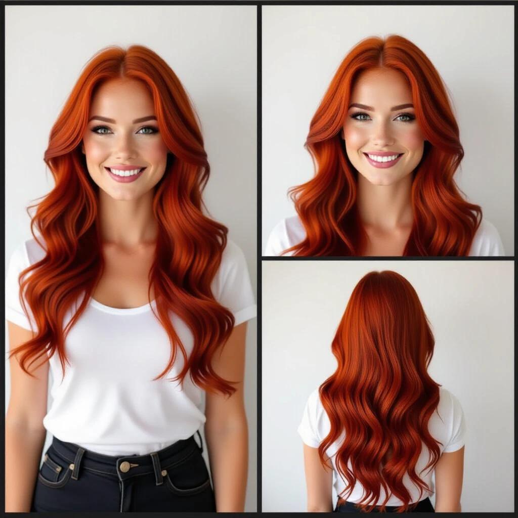 A female model with long, wavy red hair wearing a white t-shirt and black jeans. Hair is styled beautifully, cascading down the shoulders. The image features three angles: front view, side view, and back view.
