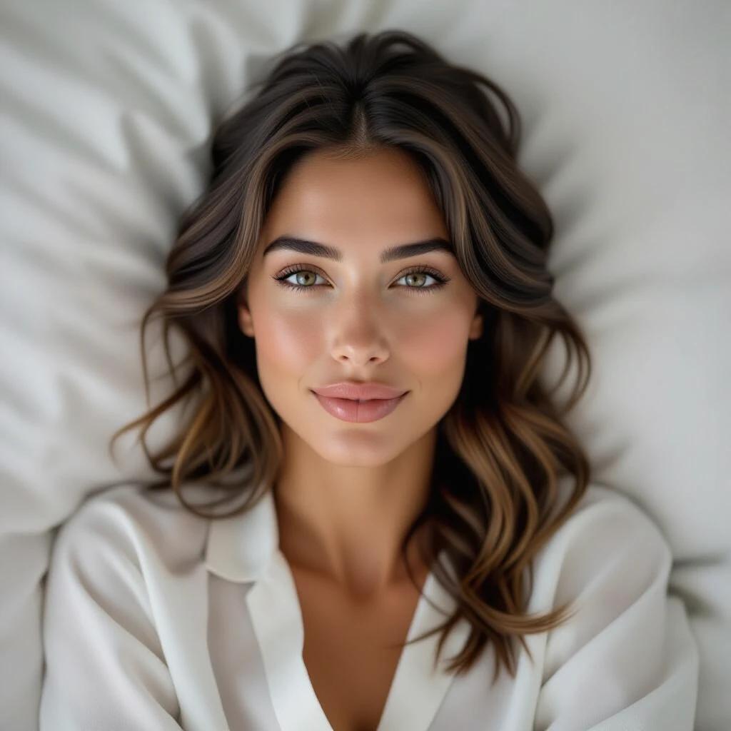 Mujer con cabello hasta los hombros y ojos almendrados. Se encuentra tumbada boca abajo en una cama. Lleva un pijama ligero. Su mirada es relajada hacia la cámara.